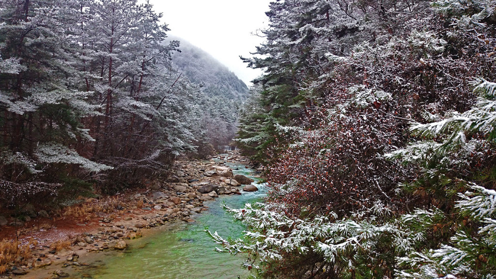 中房川大王橋からの雪化粧した風景