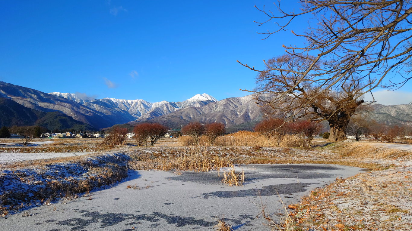 久保田公園の凍った池と常念岳