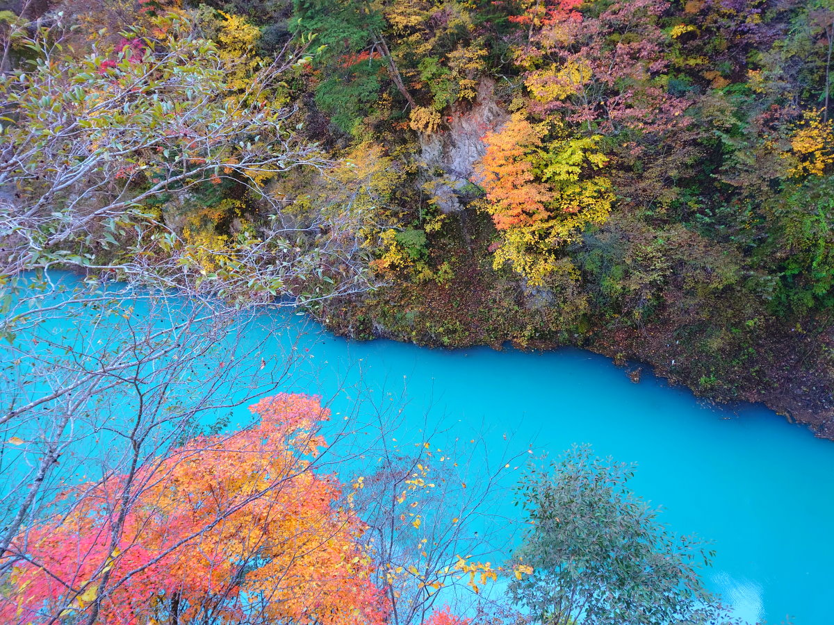 高瀬渓谷のブルーの水と紅葉